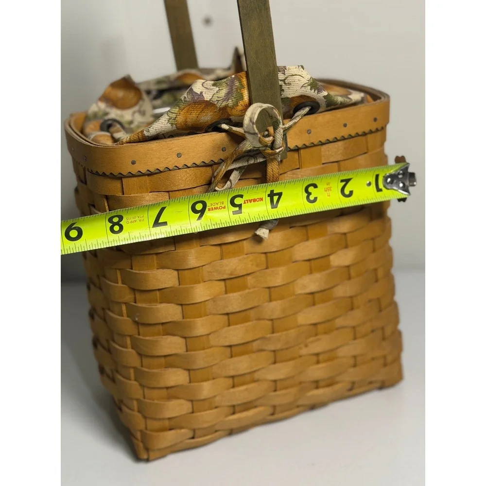 VTG Longaberger Autumn Tote Basket Brown Woven Wood Fabric Liner Handle 2003